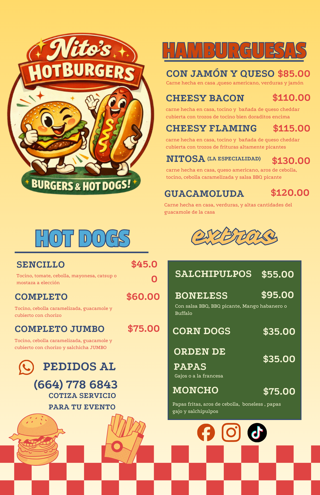 Menú de Nito's Hot Burgers